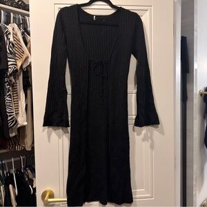 Whimsigoth Long Black Knit Cardigan With Tie Front